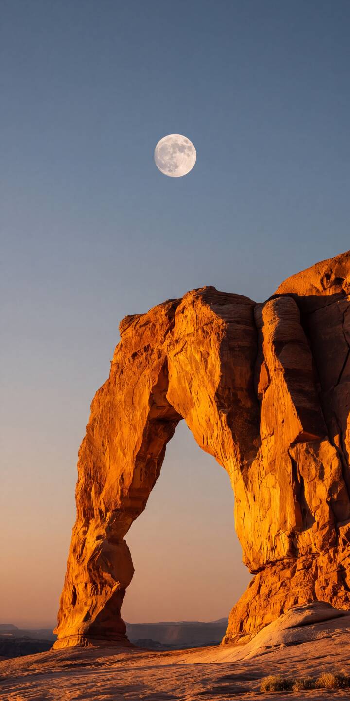 Golden light bathes the iconic Delicate Arch as a radiant full moon perfectly centers itself within its opening in this breathtaking 4K wallpaper, making it a spectacular choice for iPhone users. | landscape desert moon iphone nature wallpaper mobile golden hour 4k wallpaper hd wallpaper delicate arch arches national park Golden light bathes the iconic Delicate Arch as a radiant full moon perfectly centers itself within its opening in this breathtaking 4K wallpaper, making it a spectacular choice for iPhone users.