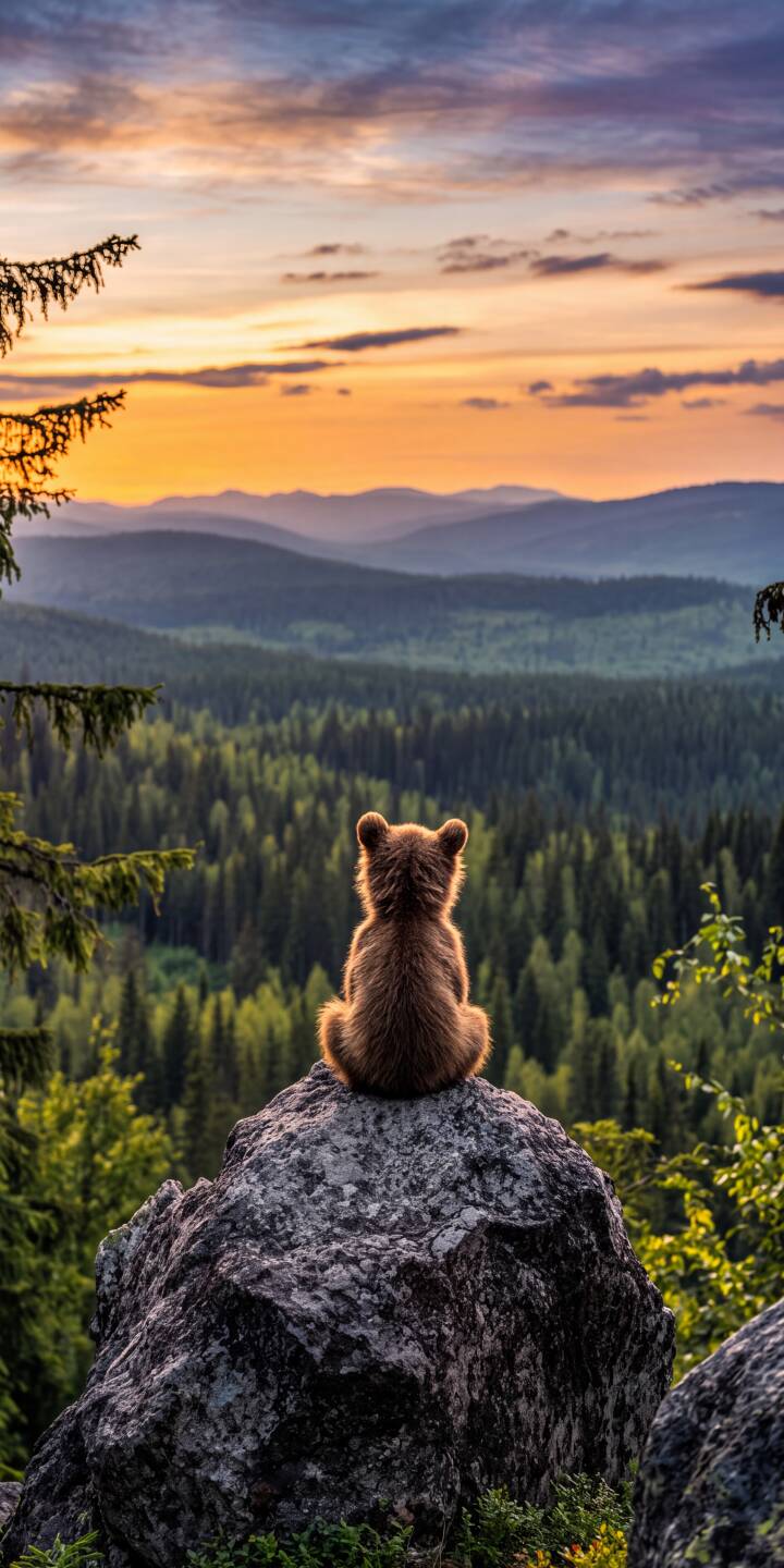 The tiny bear cub, silhouetted against the vibrant orange and purple sunset sky, sits peacefully atop a rugged rock, gazing across an endless expanse of emerald forests in this stunning 4K wallpaper. This serene nature scene makes an exceptional wallpaper for any iPhone user seeking tranquility and wild beauty. | sunset forest bear iphone nature mountains wallpaper mobile 4k wallpaper hd wallpaper wildlife bear cub The tiny bear cub, silhouetted against the vibrant orange and purple sunset sky, sits peacefully atop a rugged rock, gazing across an endless expanse of emerald forests in this stunning 4K wallpaper. This serene nature scene makes an exceptional wallpaper for any iPhone user seeking tranquility and wild beauty.