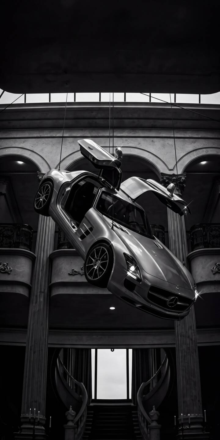 Suspended dramatically mid-air, a gleaming silver Mercedes-Benz SLS AMG with its iconic gull-wing doors wide open is the striking focus of this opulent 4K wallpaper. This stunning monochrome wallpaper for iPhone captures the luxury car within a grand, architecturally detailed interior, creating an unforgettable wallpaper. | sports car iphone mercedes wallpaper grayscale mobile luxury car 4k wallpaper hd wallpaper monochrome dramatic gullwing sls amg Suspended dramatically mid-air, a gleaming silver Mercedes-Benz SLS AMG with its iconic gull-wing doors wide open is the striking focus of this opulent 4K wallpaper. This stunning monochrome wallpaper for iPhone captures the luxury car within a grand, architecturally detailed interior, creating an unforgettable wallpaper.