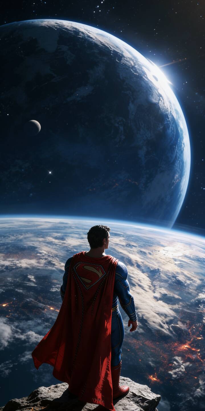 Superman's iconic red cape billows majestically as he stands overlooking a stunning, partially lit Earth and a distant moon against a starry cosmos in this breathtaking 4K wallpaper. This epic scene makes for a powerful and inspiring wallpaper for iPhone users. | space earth superman iphone wallpaper mobile man of steel 4k wallpaper hd wallpaper epic heroic dc comics Superman's iconic red cape billows majestically as he stands overlooking a stunning, partially lit Earth and a distant moon against a starry cosmos in this breathtaking 4K wallpaper. This epic scene makes for a powerful and inspiring wallpaper for iPhone users.