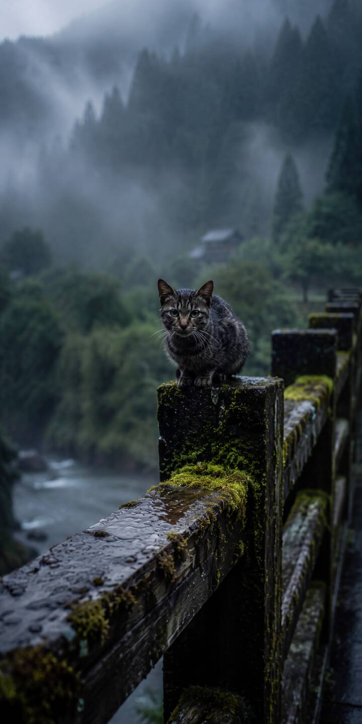 Perched stoically on a mossy, wet wooden railing, a tabby cat gazes directly at the viewer amidst a mystical, fog-shrouded mountain forest in this stunning 4K wallpaper, making it a captivating iPhone wallpaper. | animal cat mountain iphone nature wallpaper mobile tabby moody 4k wallpaper hd wallpaper misty forest Perched stoically on a mossy, wet wooden railing, a tabby cat gazes directly at the viewer amidst a mystical, fog-shrouded mountain forest in this stunning 4K wallpaper, making it a captivating iPhone wallpaper.
