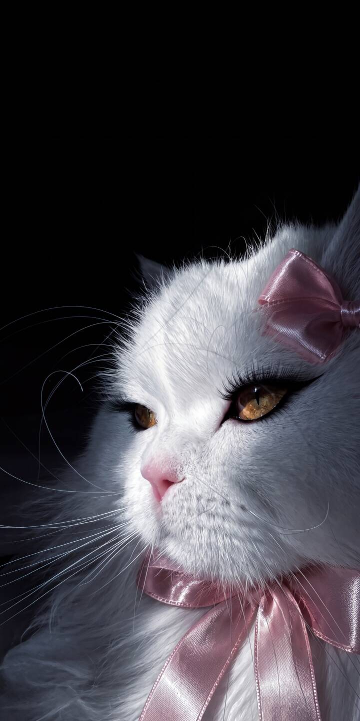 A striking split of light and shadow dramatically frames this elegant white cat, whose intense golden eyes and delicate pink bow are beautifully accentuated in this stunning 4K wallpaper; a must-have wallpaper for iPhone fans of sophisticated animal aesthetics. | aesthetic cat iphone wallpaper mobile elegant white cat 4k wallpaper hd wallpaper pink bow feline dramatic lighting A striking split of light and shadow dramatically frames this elegant white cat, whose intense golden eyes and delicate pink bow are beautifully accentuated in this stunning 4K wallpaper; a must-have wallpaper for iPhone fans of sophisticated animal aesthetics.