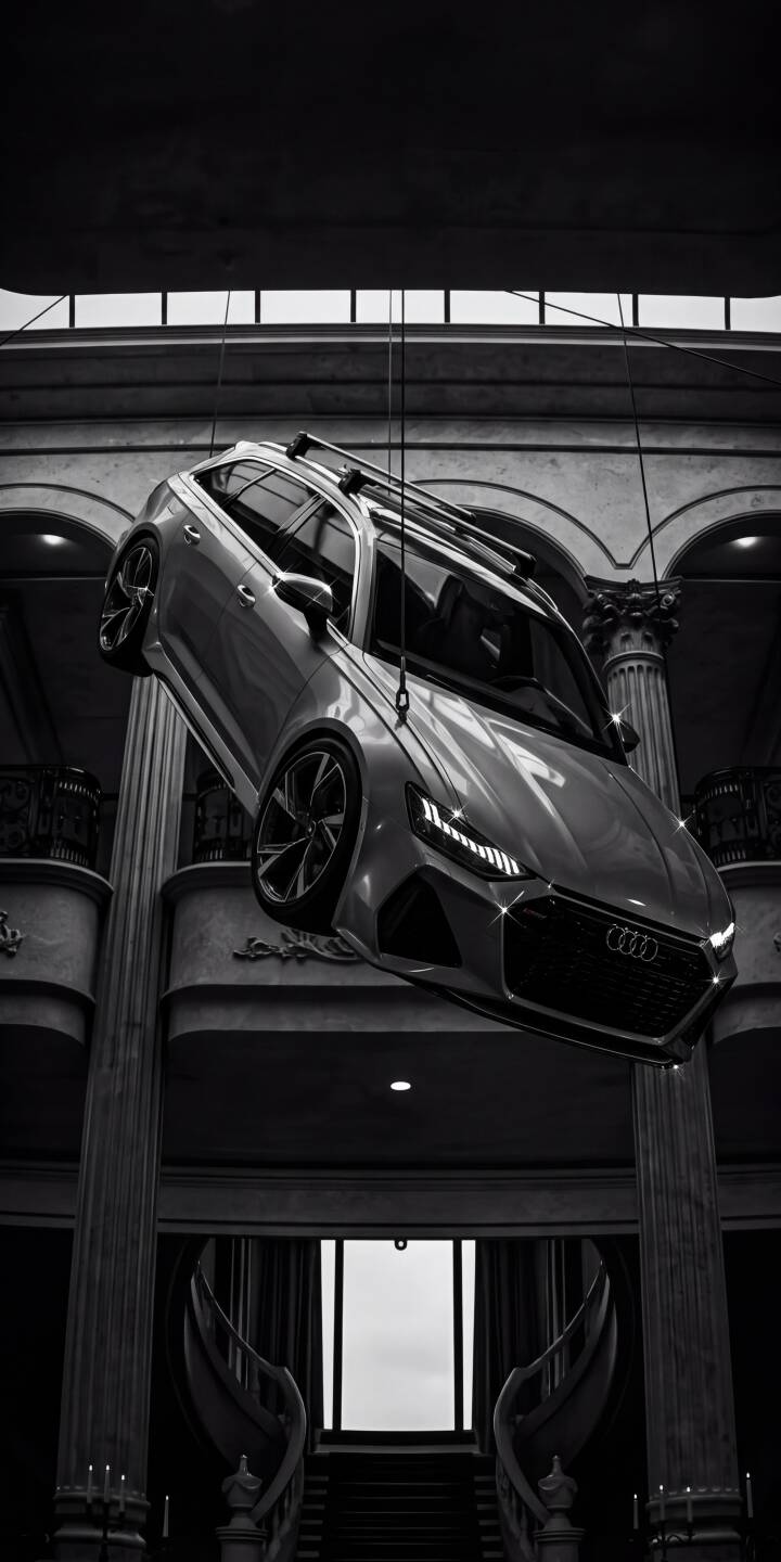 Glowing headlights of a suspended Audi RS6 illuminate the grand, classical interior in this dramatic monochromatic 4K wallpaper; it's an essential luxury car wallpaper for your iPhone. | iphone audi rs6 wallpaper black and white mobile luxury car 4k wallpaper hd wallpaper automotive audi rs6 suspended Glowing headlights of a suspended Audi RS6 illuminate the grand, classical interior in this dramatic monochromatic 4K wallpaper; it's an essential luxury car wallpaper for your iPhone.