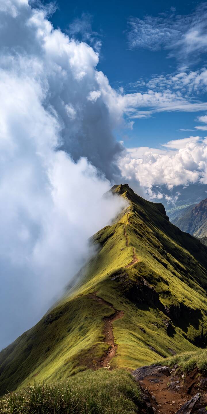 Misty clouds spill dramatically over a sharp mountain ridge, highlighting a winding path across lush green slopes in this breathtaking 4K wallpaper. This stunning landscape wallpaper is an ideal choice for iPhone users who love nature. | landscape mountain iphone nature clouds wallpaper mobile 4k wallpaper hd wallpaper hiking misty ridge Misty clouds spill dramatically over a sharp mountain ridge, highlighting a winding path across lush green slopes in this breathtaking 4K wallpaper. This stunning landscape wallpaper is an ideal choice for iPhone users who love nature.