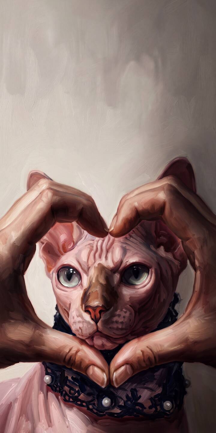 Two hands lovingly frame a beautiful Sphynx cat's face in a heart shape, highlighting its piercing light green eyes and intricate black lace collar in this artistic 4K wallpaper. This striking digital painting makes a captivating wallpaper for iPhone, perfect for cat lovers. | cat painting cute iphone wallpaper heart hands mobile digital art 4k wallpaper hd wallpaper sphynx cat hairless cat Two hands lovingly frame a beautiful Sphynx cat's face in a heart shape, highlighting its piercing light green eyes and intricate black lace collar in this artistic 4K wallpaper. This striking digital painting makes a captivating wallpaper for iPhone, perfect for cat lovers.