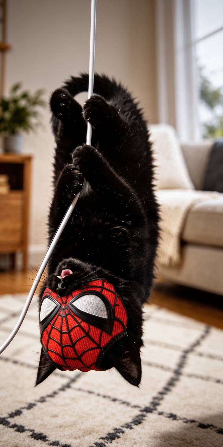 A playful black cat, donning a red Spider-Man mask and playfully hanging upside down with its tongue out, makes for an irresistibly charming 4K wallpaper — an ideal wallpaper for iPhone users seeking a fun lock screen. | funny cat cute iphone wallpaper black cat mobile 4k wallpaper hd wallpaper spider-man playful spider-cat A playful black cat, donning a red Spider-Man mask and playfully hanging upside down with its tongue out, makes for an irresistibly charming 4K wallpaper — an ideal wallpaper for iPhone users seeking a fun lock screen.