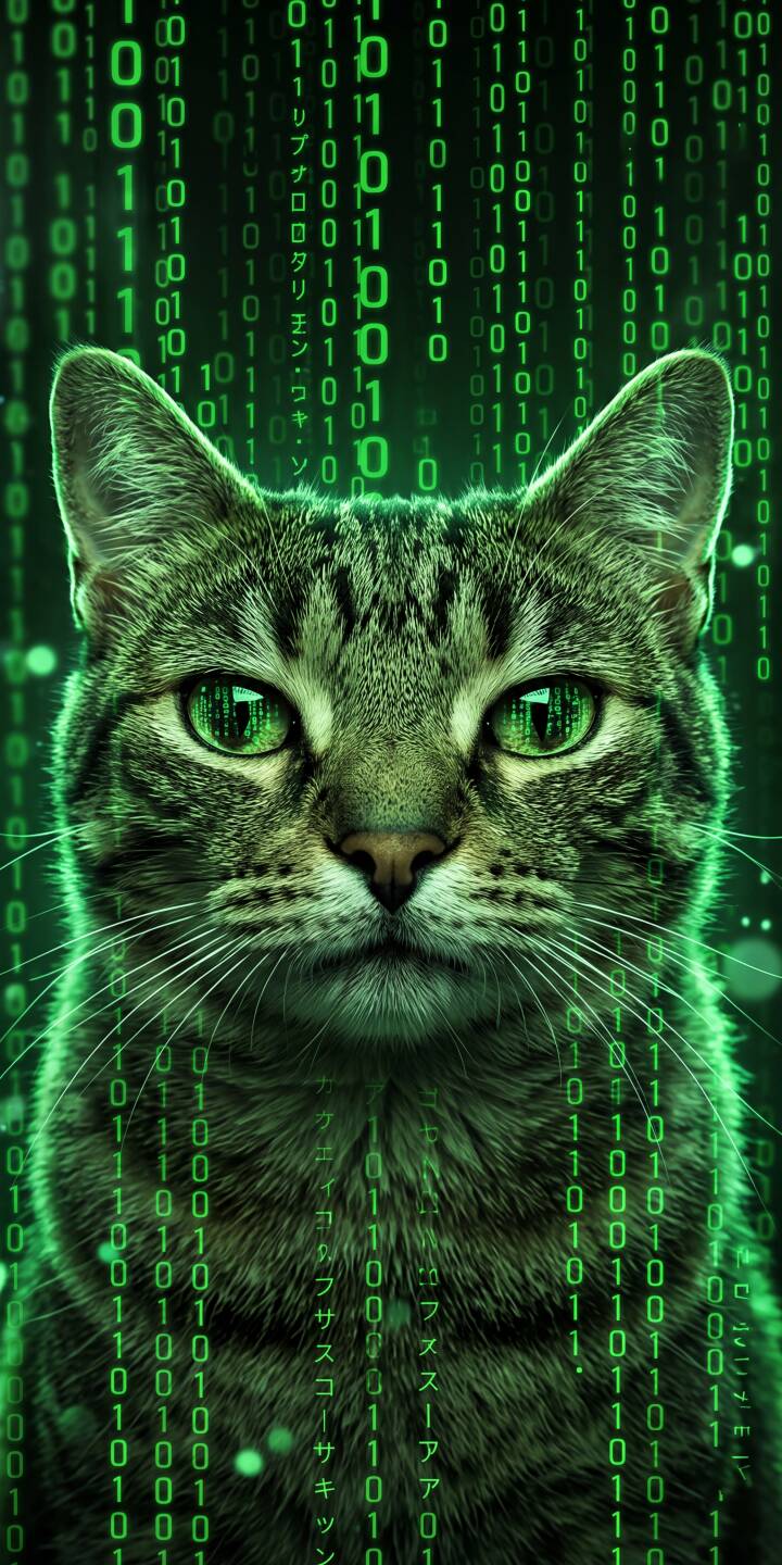 Green binary code cascades down behind a majestic tabby cat with mesmerizing glowing emerald eyes in this striking 4K wallpaper. Its intense gaze makes for an captivating iPhone wallpaper, perfectly blending digital realism with feline charm. | cat iphone cyberpunk matrix wallpaper mobile digital art green eyes 4k wallpaper hd wallpaper tabby cat binary code Green binary code cascades down behind a majestic tabby cat with mesmerizing glowing emerald eyes in this striking 4K wallpaper. Its intense gaze makes for an captivating iPhone wallpaper, perfectly blending digital realism with feline charm.