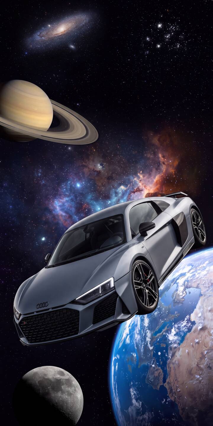 The sleek gray Audi R8 gracefully hovers above the illuminated Earth and a prominent Moon, set against a stunning 4K cosmic backdrop featuring a vibrant Saturn and distant galaxies. This epic space car wallpaper brings an otherworldly aesthetic to your iPhone, making it a truly unique digital wallpaper. | aesthetic sports car space earth iphone galaxy planets wallpaper mobile audi r8 4k wallpaper hd wallpaper The sleek gray Audi R8 gracefully hovers above the illuminated Earth and a prominent Moon, set against a stunning 4K cosmic backdrop featuring a vibrant Saturn and distant galaxies. This epic space car wallpaper brings an otherworldly aesthetic to your iPhone, making it a truly unique digital wallpaper.