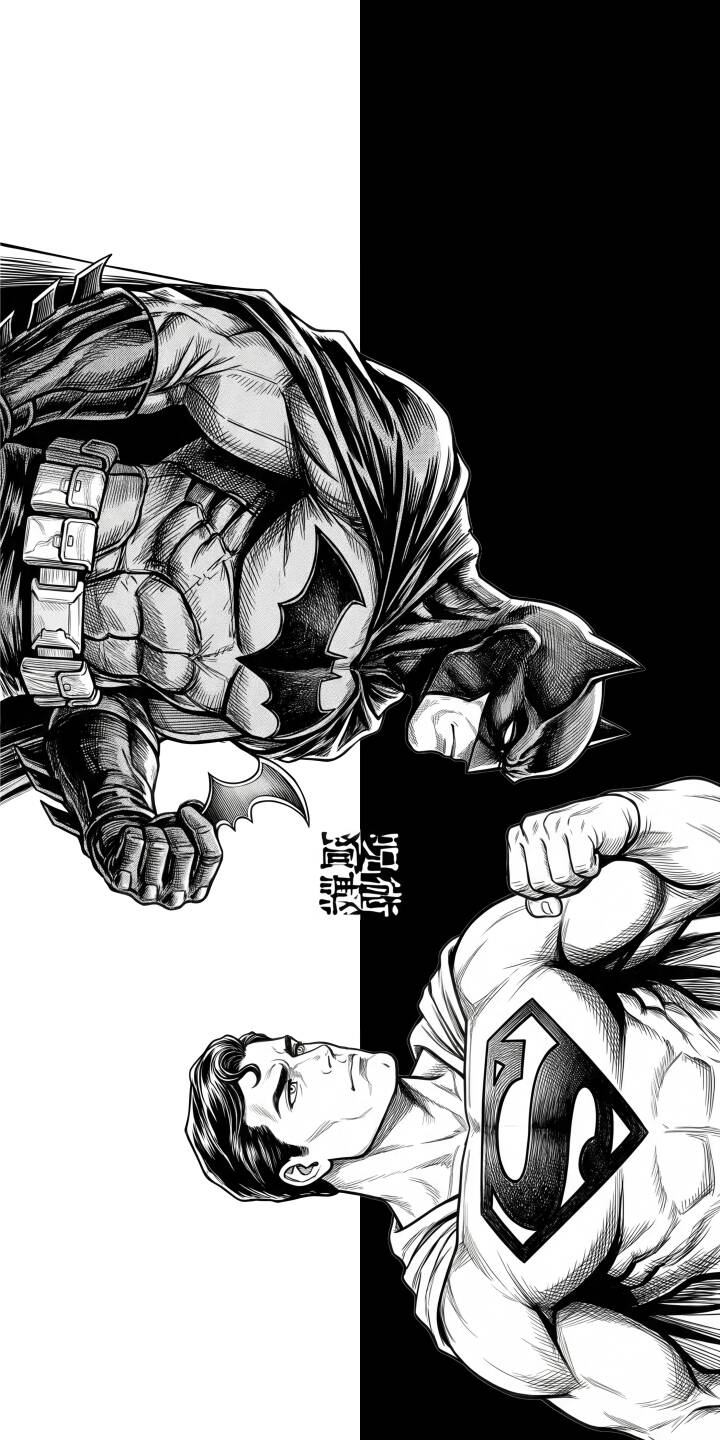 A striking black and white split divides Batman in his armored suit on one side and Superman with his iconic S-shield on the other, creating an epic contrast in this 4K wallpaper for iPhone. This detailed artwork makes for a compelling superhero wallpaper. | batman superman iphone wallpaper black and white mobile comic art 4k wallpaper hd wallpaper dc comics superheroes A striking black and white split divides Batman in his armored suit on one side and Superman with his iconic S-shield on the other, creating an epic contrast in this 4K wallpaper for iPhone. This detailed artwork makes for a compelling superhero wallpaper.