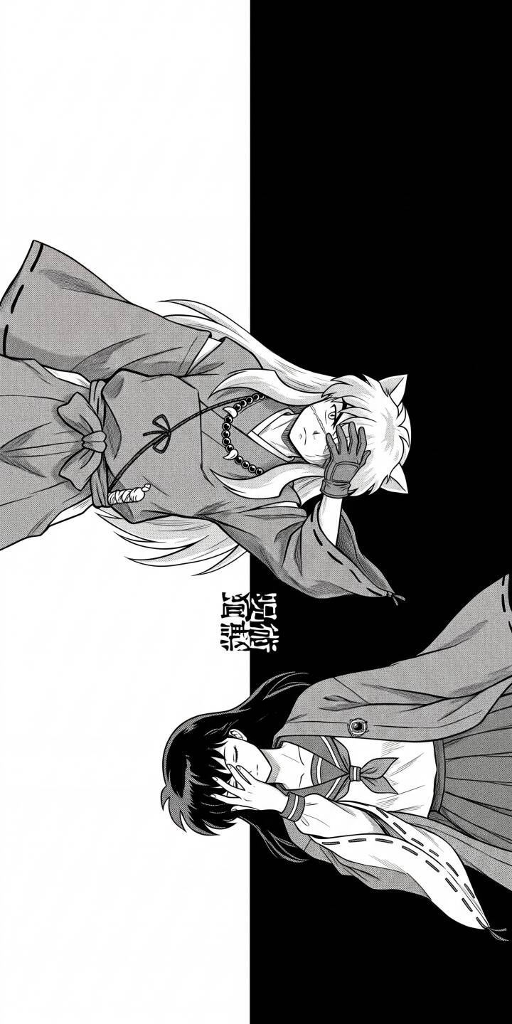 Inuyasha and Kagome stand back-to-back, each covering their face with a hand, set against a striking black and white split background in this emotional 4K manga wallpaper. This compelling wallpaper for iPhone perfectly captures the duo's duality, making it a must-have for fans. | anime manga iphone wallpaper black and white mobile anime couple 4k wallpaper hd wallpaper duality inuyasha kagome Inuyasha and Kagome stand back-to-back, each covering their face with a hand, set against a striking black and white split background in this emotional 4K manga wallpaper. This compelling wallpaper for iPhone perfectly captures the duo's duality, making it a must-have for fans.