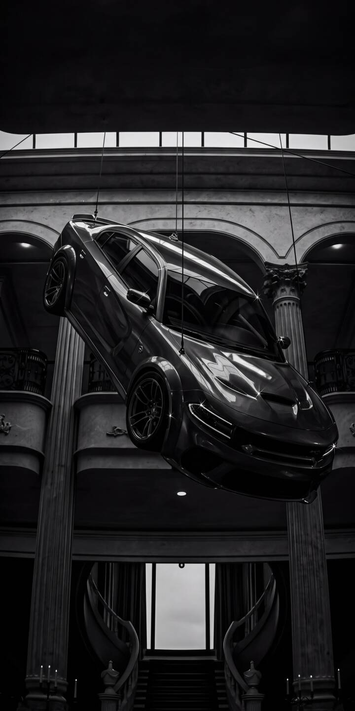 A sleek black muscle car gleams as it hangs suspended by cables in a grand, arching hall, creating a dramatic monochrome 4K wallpaper perfect for your iPhone. This captivating wallpaper features reflective surfaces and classical architecture. | car vehicle muscle car iphone wallpaper mobile 4k wallpaper hd wallpaper dark aesthetic monochrome dramatic suspended car A sleek black muscle car gleams as it hangs suspended by cables in a grand, arching hall, creating a dramatic monochrome 4K wallpaper perfect for your iPhone. This captivating wallpaper features reflective surfaces and classical architecture.