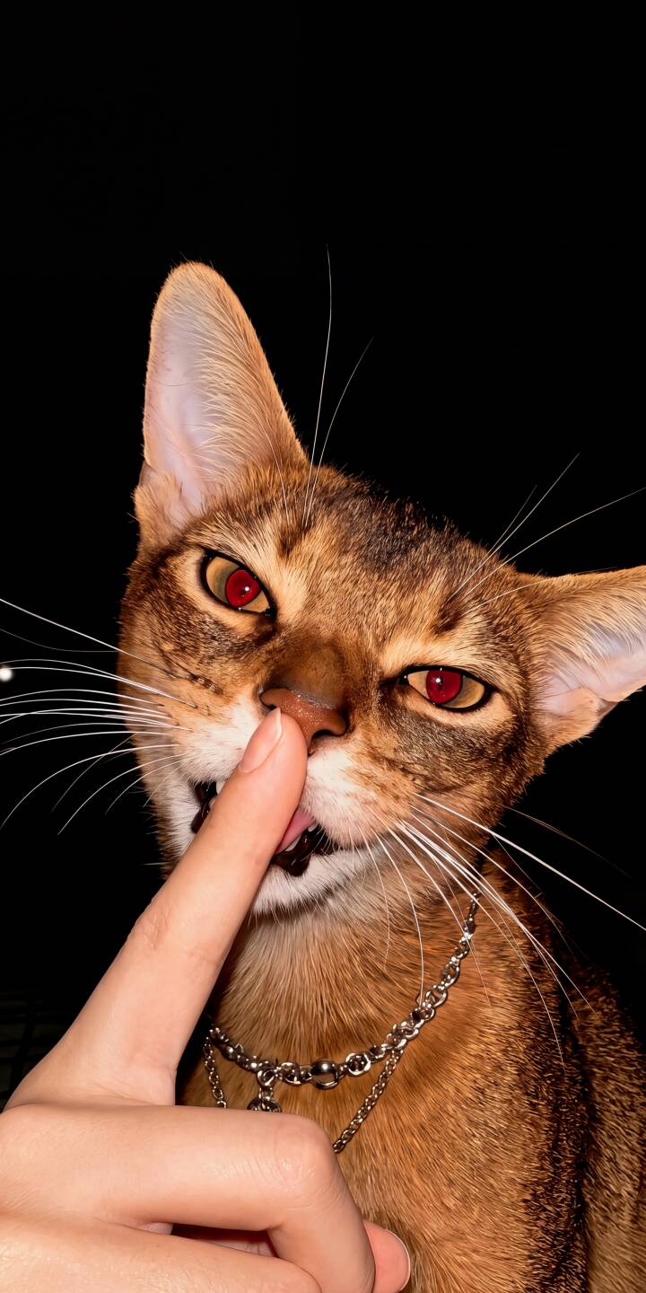A human finger playfully pokes the nose of a mischievous Abyssinian cat, its piercing red eyes gleaming against the dark background in this stunning 4K wallpaper. This dynamic and unique cat wallpaper is perfect for personalizing your iPhone. | funny animal dark cat pet iphone wallpaper red eyes mobile 4k wallpaper hd wallpaper abyssinian A human finger playfully pokes the nose of a mischievous Abyssinian cat, its piercing red eyes gleaming against the dark background in this stunning 4K wallpaper. This dynamic and unique cat wallpaper is perfect for personalizing your iPhone.
