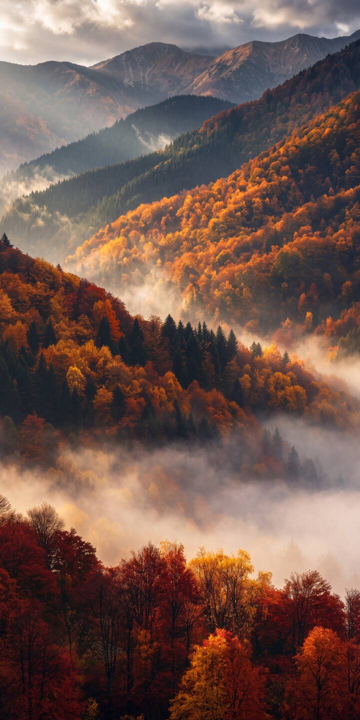 Dense, ethereal mist swirls through the valleys, hugging the vibrant orange and red autumn foliage of these majestic mountains in this breathtaking 4K wallpaper. This stunning natural landscape makes an exceptional wallpaper for iPhone, perfect for bringing the beauty of fall to your device. | landscape forest iphone autumn mountains wallpaper mist mobile 4k wallpaper hd wallpaper fall foliage scenic Dense, ethereal mist swirls through the valleys, hugging the vibrant orange and red autumn foliage of these majestic mountains in this breathtaking 4K wallpaper. This stunning natural landscape makes an exceptional wallpaper for iPhone, perfect for bringing the beauty of fall to your device.