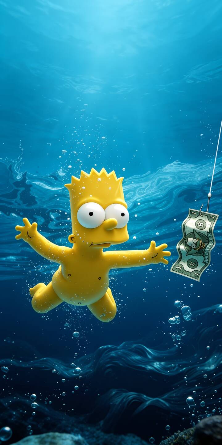 Bart Simpson's wide eyes stare intensely at a hooked dollar bill featuring Homer's surprised face in this captivating underwater 4K wallpaper. Bubbles float around the mischievous character as he drifts towards the bait, creating an intriguing wallpaper for any iPhone lock screen. | cartoon funny underwater money iphone wallpaper mobile bart simpson blue aesthetic the simpsons 4k wallpaper hd wallpaper Bart Simpson's wide eyes stare intensely at a hooked dollar bill featuring Homer's surprised face in this captivating underwater 4K wallpaper. Bubbles float around the mischievous character as he drifts towards the bait, creating an intriguing wallpaper for any iPhone lock screen.