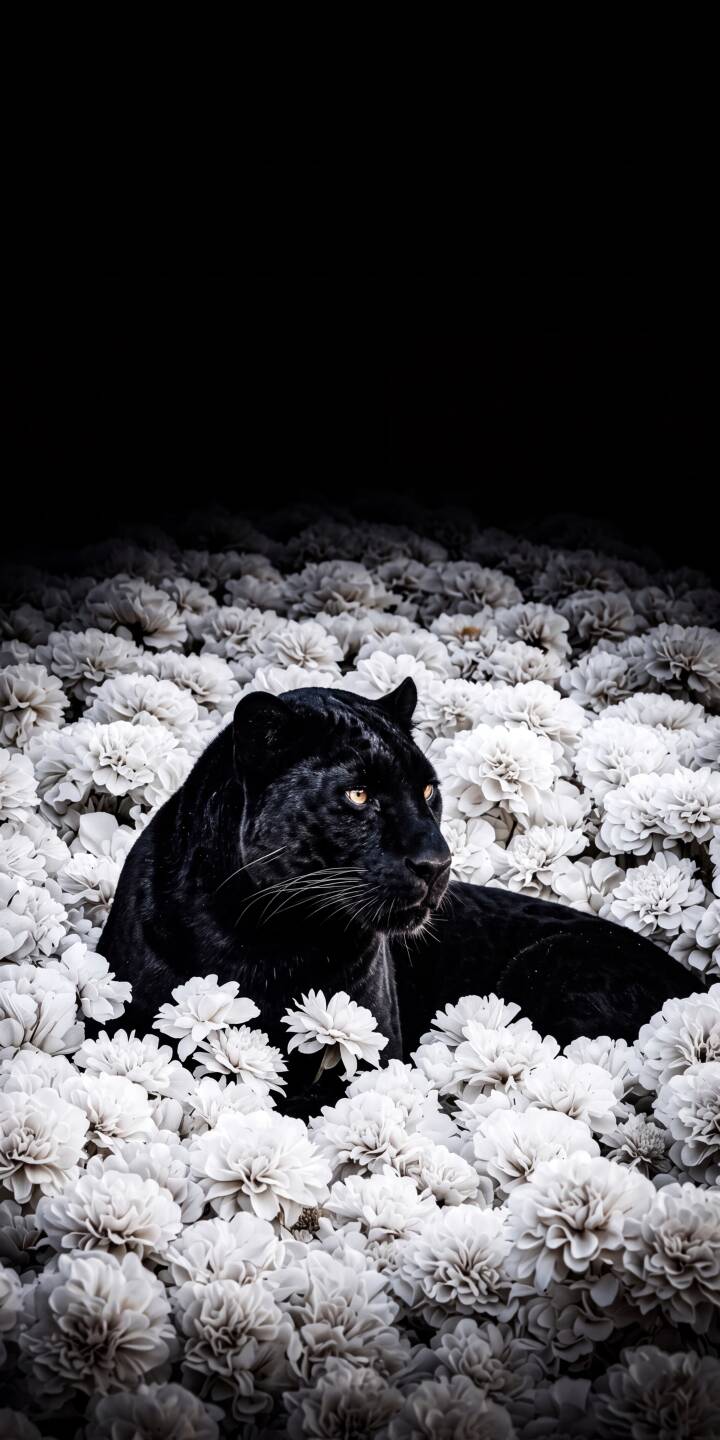 Golden eyes glow with serene intensity as this majestic black panther reclines gracefully among a field of delicate white flowers in this stunning 4K wallpaper. A striking contrast against the dark backdrop, this elegant animal wallpaper is a must-have for any iPhone user seeking a blend of beauty and mystery. | iphone nature leopard panther wallpaper black panther mobile elegant 4k wallpaper hd wallpaper big cat white flowers Golden eyes glow with serene intensity as this majestic black panther reclines gracefully among a field of delicate white flowers in this stunning 4K wallpaper. A striking contrast against the dark backdrop, this elegant animal wallpaper is a must-have for any iPhone user seeking a blend of beauty and mystery.
