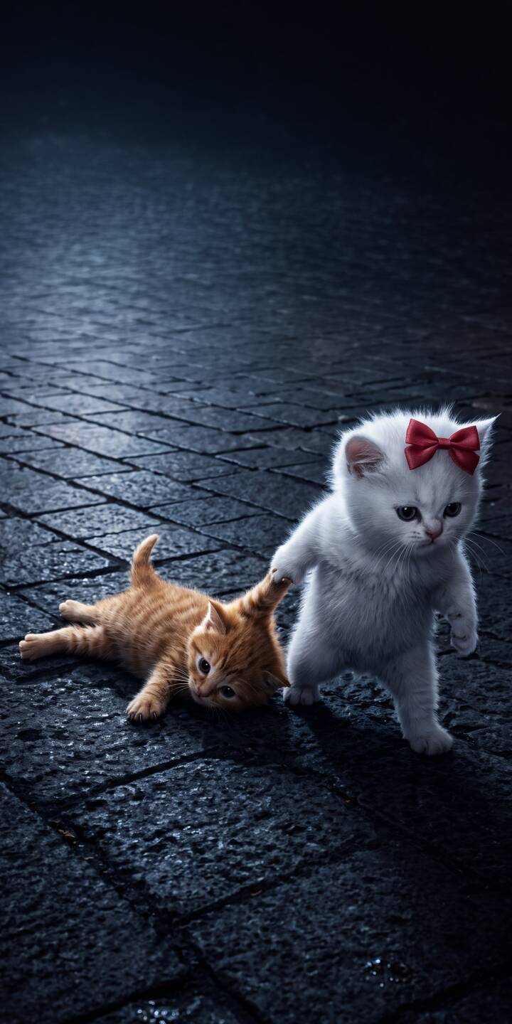 A charming white kitten with a striking red bow playfully pulls a ginger kitten across a textured dark street, creating an adorable 4K wallpaper that's perfect for your iPhone. This delightful scene makes for a heartwarming wallpaper background. | cat cute iphone wallpaper pets kitten mobile 4k wallpaper hd wallpaper adorable red bow playful A charming white kitten with a striking red bow playfully pulls a ginger kitten across a textured dark street, creating an adorable 4K wallpaper that's perfect for your iPhone. This delightful scene makes for a heartwarming wallpaper background.