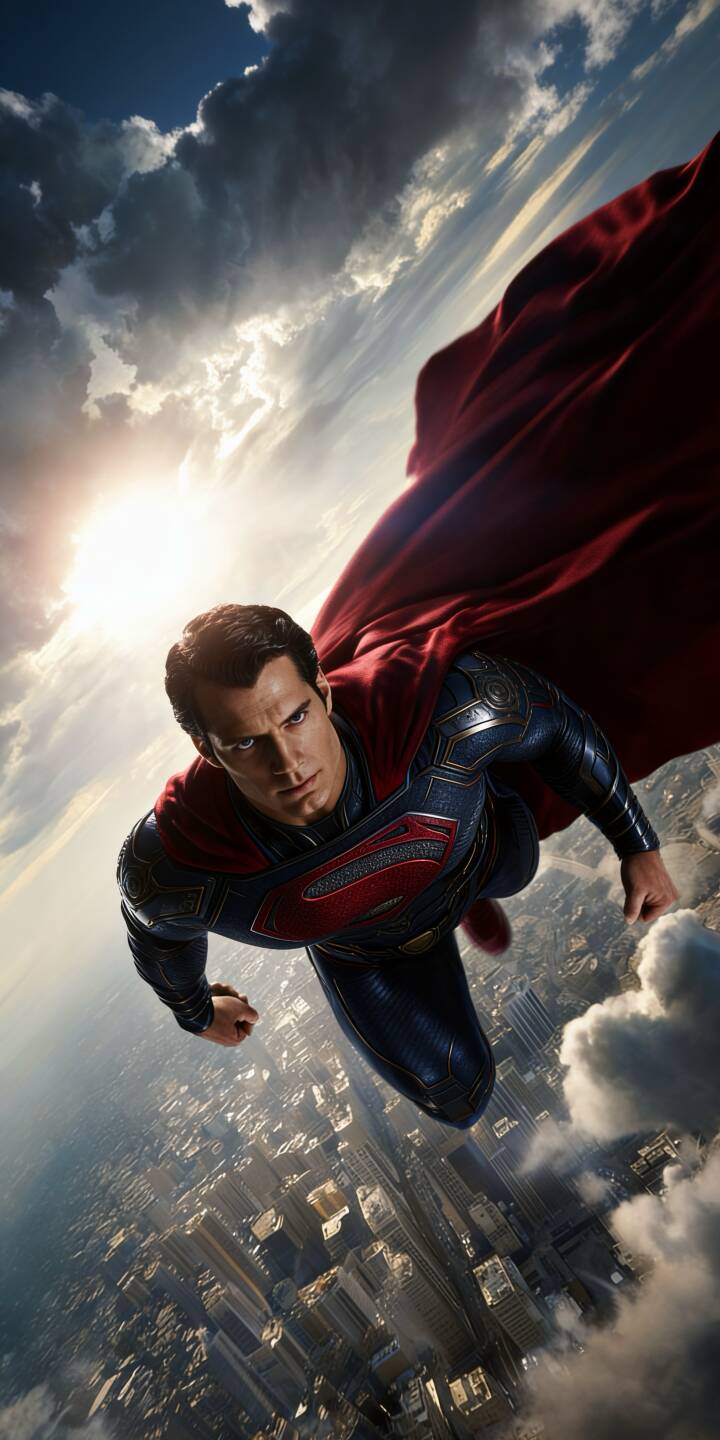 The iconic red cape of Superman billows dramatically as he soars high above a bustling city skyline, with the sun blazing behind him in this epic 4K wallpaper for iPhone. This breathtaking flight scene makes for an incredible mobile wallpaper. | superhero superman iphone flight wallpaper mobile man of steel 4k wallpaper hd wallpaper clark kent dc comics cinematic The iconic red cape of Superman billows dramatically as he soars high above a bustling city skyline, with the sun blazing behind him in this epic 4K wallpaper for iPhone. This breathtaking flight scene makes for an incredible mobile wallpaper.
