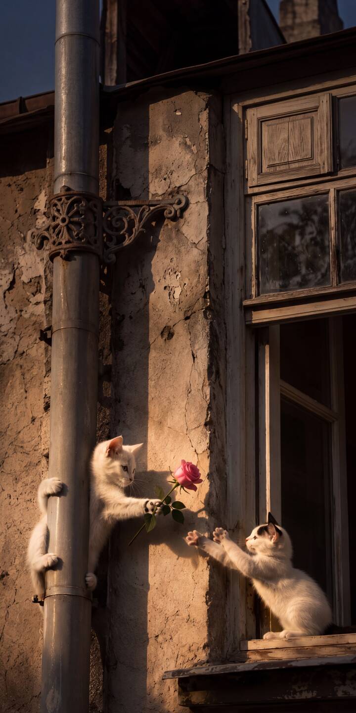 Golden hour light bathes an old building as one white cat precariously clings to a pipe, extending a single pink rose to another cat reaching from an open window in this enchanting 4K wallpaper. This charming scene makes an adorable wallpaper for your iPhone. | animal cat rose cute iphone wallpaper kitten mobile romantic golden hour 4k wallpaper hd wallpaper Golden hour light bathes an old building as one white cat precariously clings to a pipe, extending a single pink rose to another cat reaching from an open window in this enchanting 4K wallpaper. This charming scene makes an adorable wallpaper for your iPhone.