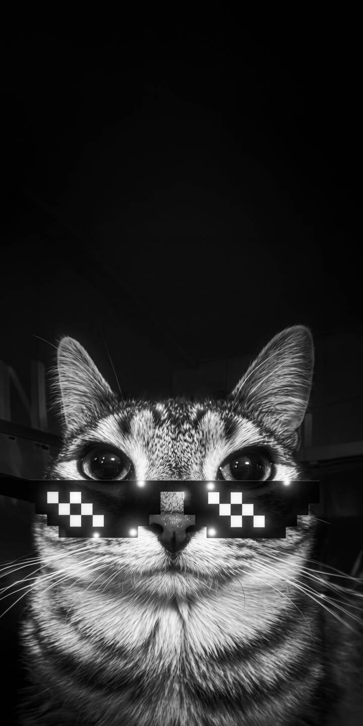 Pixelated 'Thug Life' glasses perfectly frame this cool cat's intense gaze in a stunning black and white 4K wallpaper. This truly unique and sassy feline wallpaper is a must-have for your iPhone. | funny cat iphone wallpaper black and white cool mobile thug life 4k wallpaper hd wallpaper meme cat pixel glasses Pixelated 'Thug Life' glasses perfectly frame this cool cat's intense gaze in a stunning black and white 4K wallpaper. This truly unique and sassy feline wallpaper is a must-have for your iPhone.