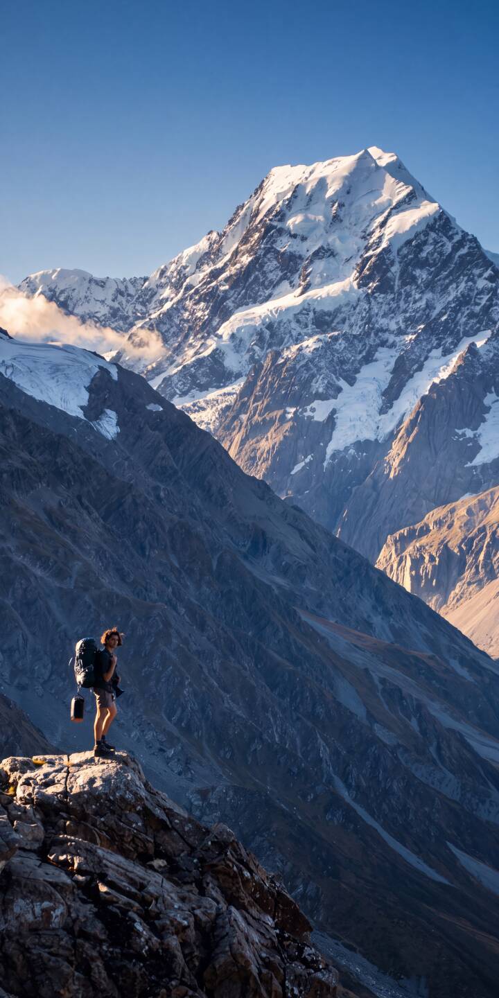 A courageous hiker, framed by towering, sun-drenched snow-capped peaks, stands on a rocky precipice overlooking a vast mountain range in this breathtaking 4K wallpaper. This stunning landscape wallpaper is perfectly optimized for iPhone, capturing the adventurous spirit of the wild. | landscape mountain iphone nature wallpaper mobile 4k wallpaper hd wallpaper epic hiker adventure snowy peaks A courageous hiker, framed by towering, sun-drenched snow-capped peaks, stands on a rocky precipice overlooking a vast mountain range in this breathtaking 4K wallpaper. This stunning landscape wallpaper is perfectly optimized for iPhone, capturing the adventurous spirit of the wild.