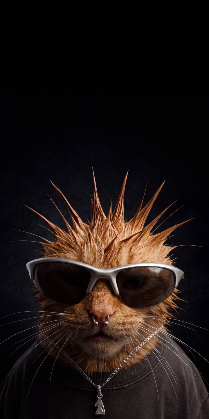 The orange cat's spiky punk-rock hair and cool sunglasses instantly grab attention in this edgy 4K wallpaper, making it a distinctive choice for your iPhone. This detailed wallpaper features a nose ring and a silver chain, perfect for those who appreciate unique pet aesthetics. | animal sunglasses cat iphone wallpaper mobile 4k wallpaper hd wallpaper edgy orange cat cool cat punk rock The orange cat's spiky punk-rock hair and cool sunglasses instantly grab attention in this edgy 4K wallpaper, making it a distinctive choice for your iPhone. This detailed wallpaper features a nose ring and a silver chain, perfect for those who appreciate unique pet aesthetics.