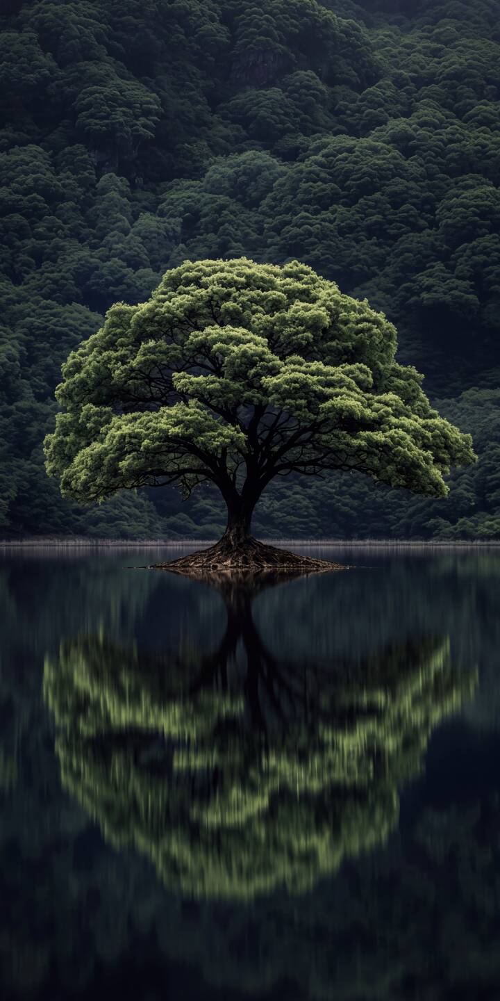 The majestic solitary tree with its lush green canopy creates a breathtaking, almost perfect reflection on the calm water surface in this serene 4K wallpaper. This stunning nature wallpaper is an exquisite choice for iPhone customization. | landscape tree green water reflection iphone nature wallpaper mobile 4k wallpaper hd wallpaper serene The majestic solitary tree with its lush green canopy creates a breathtaking, almost perfect reflection on the calm water surface in this serene 4K wallpaper. This stunning nature wallpaper is an exquisite choice for iPhone customization.