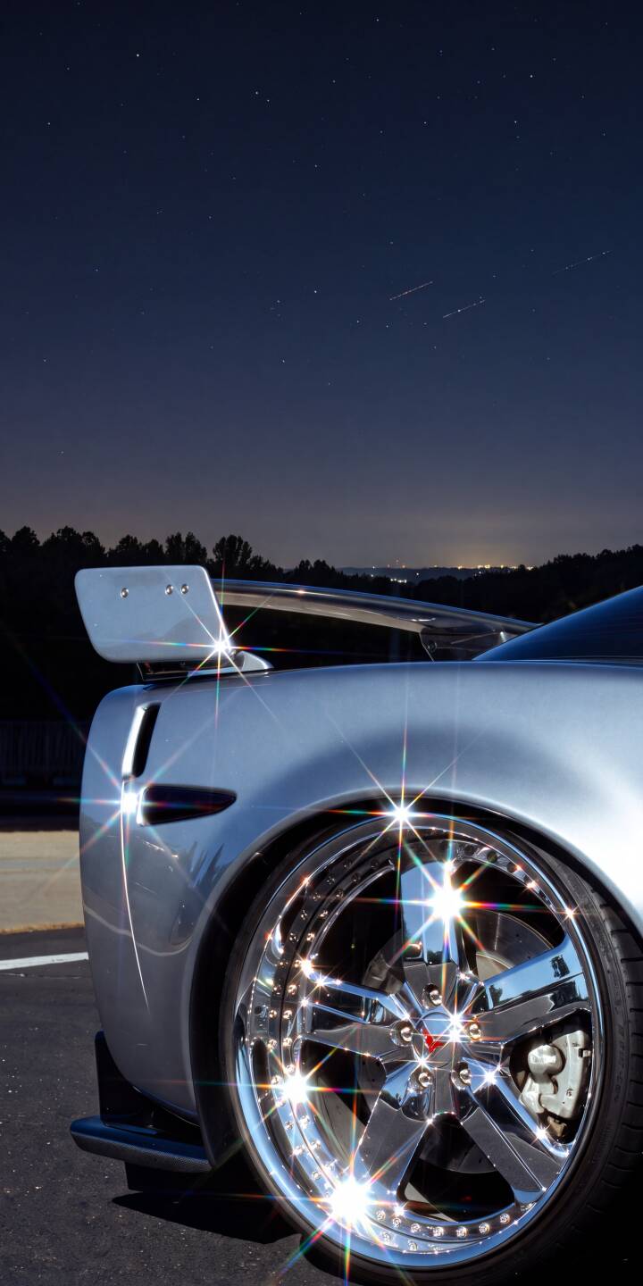 Dazzling chrome wheels shimmer with intense starburst reflections on a silver Corvette, elegantly posed under a clear, star-filled night sky in this stunning 4K wallpaper. This dynamic wallpaper makes a sleek addition for any iPhone user and car enthusiast. | sports car night chrome iphone shiny stars wallpaper corvette mobile luxury car 4k wallpaper hd wallpaper Dazzling chrome wheels shimmer with intense starburst reflections on a silver Corvette, elegantly posed under a clear, star-filled night sky in this stunning 4K wallpaper. This dynamic wallpaper makes a sleek addition for any iPhone user and car enthusiast.