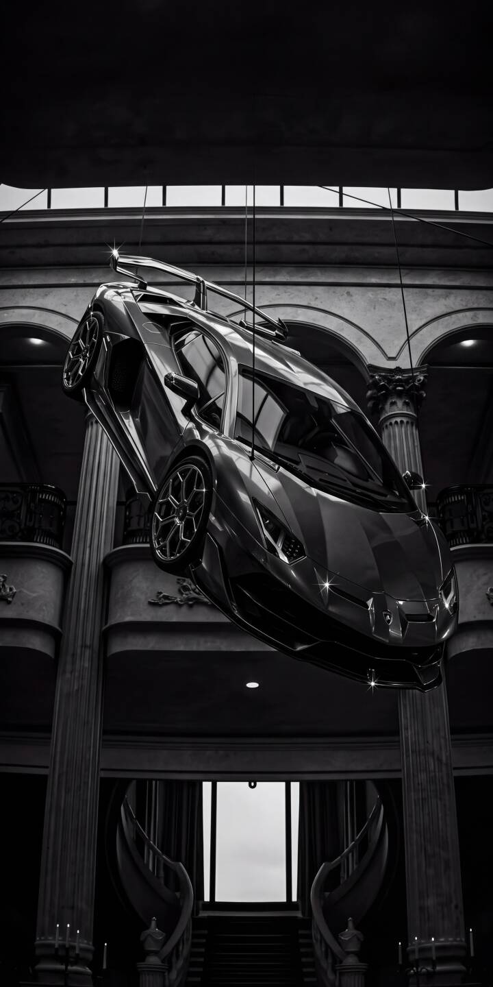 A breathtaking Lamborghini supercar is dramatically suspended from the high ceiling of an opulent, classically-designed building in this striking black and white 4K wallpaper. The sleek reflections on its body complement the grand architectural details, creating a unique and elegant automotive wallpaper for iPhone users. | aesthetic iphone lamborghini aventador supercar wallpaper black and white mobile luxury car 4k wallpaper hd wallpaper automotive A breathtaking Lamborghini supercar is dramatically suspended from the high ceiling of an opulent, classically-designed building in this striking black and white 4K wallpaper. The sleek reflections on its body complement the grand architectural details, creating a unique and elegant automotive wallpaper for iPhone users.