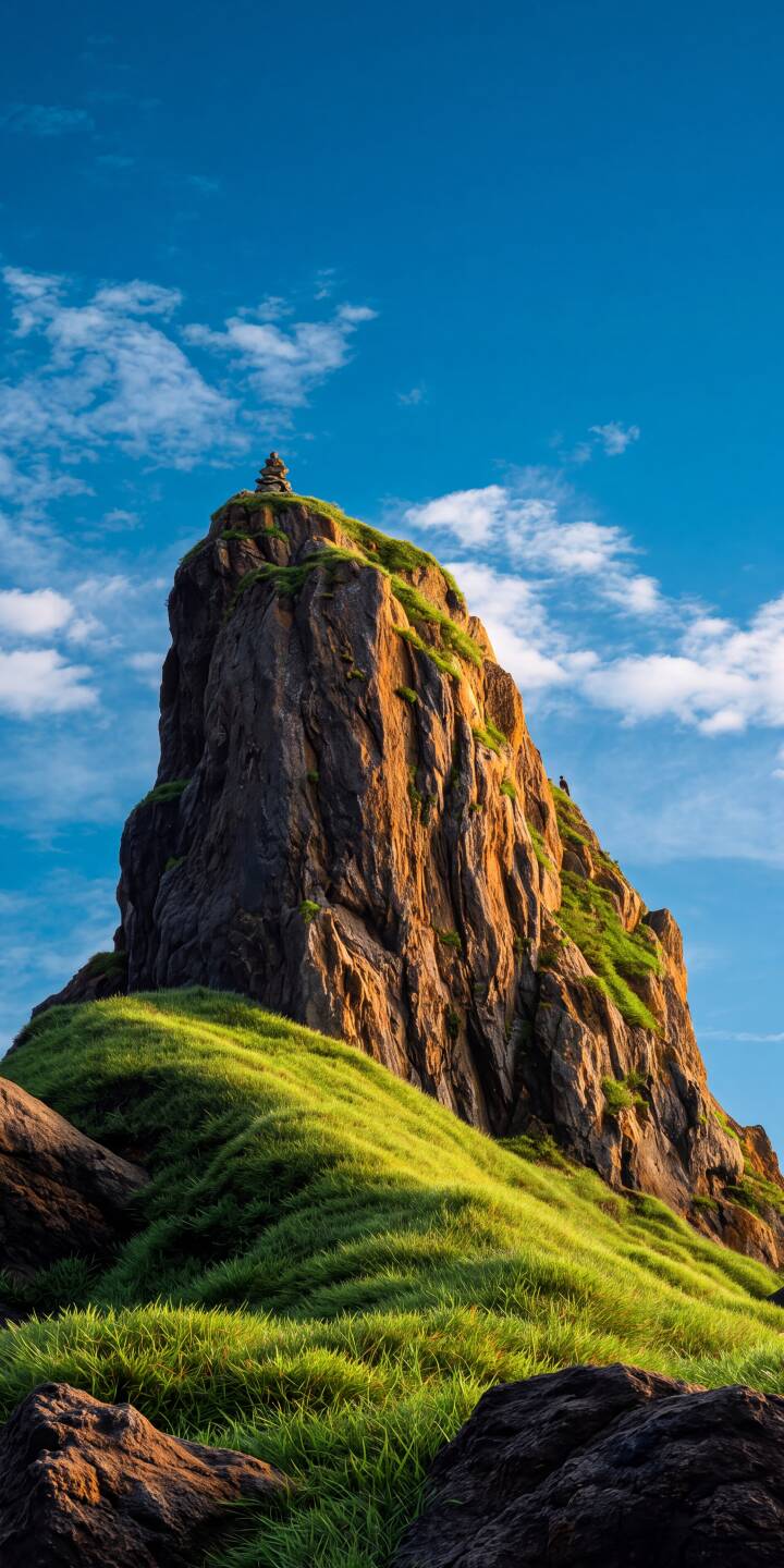 Golden sunlight bathes the rugged mountain face, contrasting beautifully with the vibrant green slopes and the deep blue sky in this stunning 4K wallpaper. A perfect landscape wallpaper for iPhone, showcasing a serene rock cairn perched atop the peak. | landscape peak mountain iphone nature wallpaper blue sky mobile 4k wallpaper hd wallpaper green grass serene Golden sunlight bathes the rugged mountain face, contrasting beautifully with the vibrant green slopes and the deep blue sky in this stunning 4K wallpaper. A perfect landscape wallpaper for iPhone, showcasing a serene rock cairn perched atop the peak.