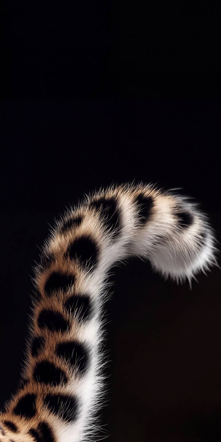 The distinct black rosettes and beautifully textured brown-white fur of a leopard's curving tail emerge from a minimalist dark background in this strikingly detailed 4K wallpaper. This exotic animal wallpaper is perfect for personalizing your iPhone screen. | animal dark fur iphone leopard wallpaper mobile 4k wallpaper hd wallpaper wildlife leopard print spots The distinct black rosettes and beautifully textured brown-white fur of a leopard's curving tail emerge from a minimalist dark background in this strikingly detailed 4K wallpaper. This exotic animal wallpaper is perfect for personalizing your iPhone screen.