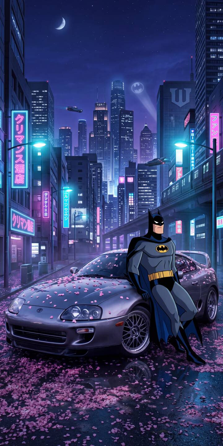 Vibrant pink and blue neon lights illuminate a stunning cyberpunk cityscape, featuring Batman casually leaning against a cherry blossom-dusted Supra in this captivating 4K wallpaper. This dynamic wallpaper is a must-have for iPhone users who appreciate iconic heroes and futuristic aesthetics. | aesthetic neon batman animated iphone supra cyberpunk wallpaper mobile 4k wallpaper hd wallpaper dc comics Vibrant pink and blue neon lights illuminate a stunning cyberpunk cityscape, featuring Batman casually leaning against a cherry blossom-dusted Supra in this captivating 4K wallpaper. This dynamic wallpaper is a must-have for iPhone users who appreciate iconic heroes and futuristic aesthetics.