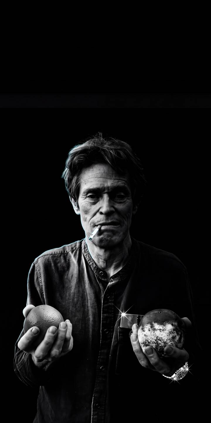 Willem Dafoe's piercing gaze holds a lit cigarette, with an orange in one hand and a textured, earthy-looking sphere in the other, all captured in this stunning 4K wallpaper. This intense black and white portrait makes an excellent wallpaper for iPhone users. | portrait actor cigarette iphone wallpaper black and white fruit mobile 4k wallpaper hd wallpaper intense willem dafoe Willem Dafoe's piercing gaze holds a lit cigarette, with an orange in one hand and a textured, earthy-looking sphere in the other, all captured in this stunning 4K wallpaper. This intense black and white portrait makes an excellent wallpaper for iPhone users.