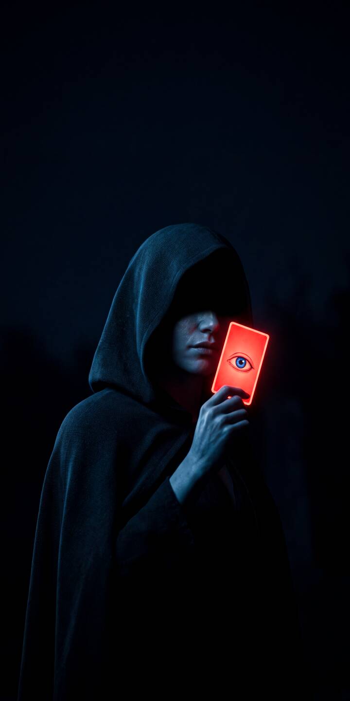 An enigmatic hooded figure is bathed in mysterious blue light while holding a mesmerizing glowing red card emblazoned with an all-seeing eye in this striking 4K wallpaper. This captivating wallpaper is perfect for personalizing your iPhone with a touch of dark mysticism. | iphone wallpaper mystery mobile 4k wallpaper hd wallpaper dark aesthetic hooded figure glowing red occult enigmatic eye card An enigmatic hooded figure is bathed in mysterious blue light while holding a mesmerizing glowing red card emblazoned with an all-seeing eye in this striking 4K wallpaper. This captivating wallpaper is perfect for personalizing your iPhone with a touch of dark mysticism.