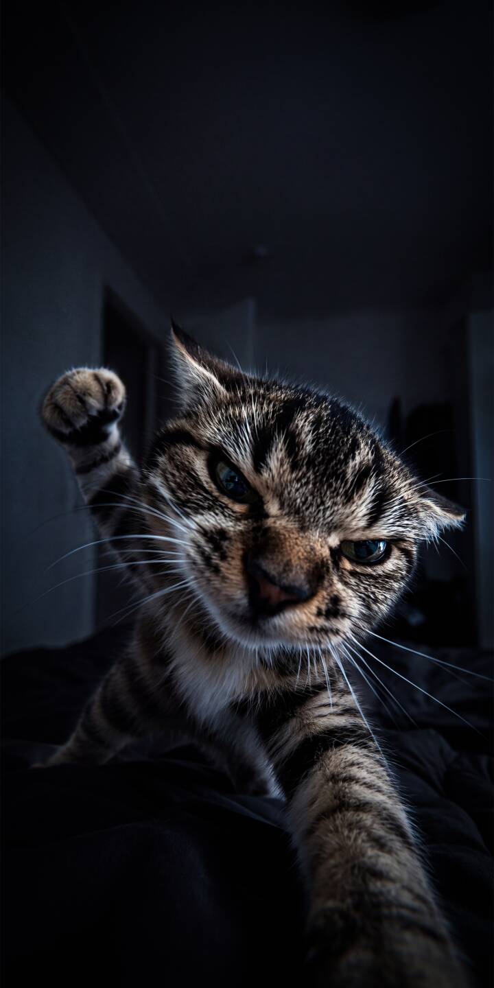 Narrowed eyes and a mischievous scowl define this grumpy tabby cat's expression as its paw is raised in a playful swat in this striking 4K wallpaper. This dynamic feline wallpaper is perfect for personalizing your iPhone. | animal dark cat cute iphone wallpaper mobile tabby 4k wallpaper hd wallpaper feline grumpy Narrowed eyes and a mischievous scowl define this grumpy tabby cat's expression as its paw is raised in a playful swat in this striking 4K wallpaper. This dynamic feline wallpaper is perfect for personalizing your iPhone.