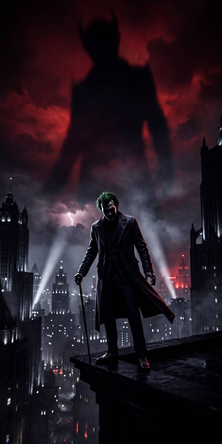 The ominous silhouette of Batman looms large in a stormy red sky while the Joker, with a sinister grin and green hair, surveys Gotham City from a rooftop in this dramatic 4K wallpaper for iPhone. This compelling wallpaper captures a tense face-off, perfect for fans of the dark anti-hero. | dark batman joker gotham iphone villain wallpaper mobile comic art 4k wallpaper hd wallpaper cinematic The ominous silhouette of Batman looms large in a stormy red sky while the Joker, with a sinister grin and green hair, surveys Gotham City from a rooftop in this dramatic 4K wallpaper for iPhone. This compelling wallpaper captures a tense face-off, perfect for fans of the dark anti-hero.
