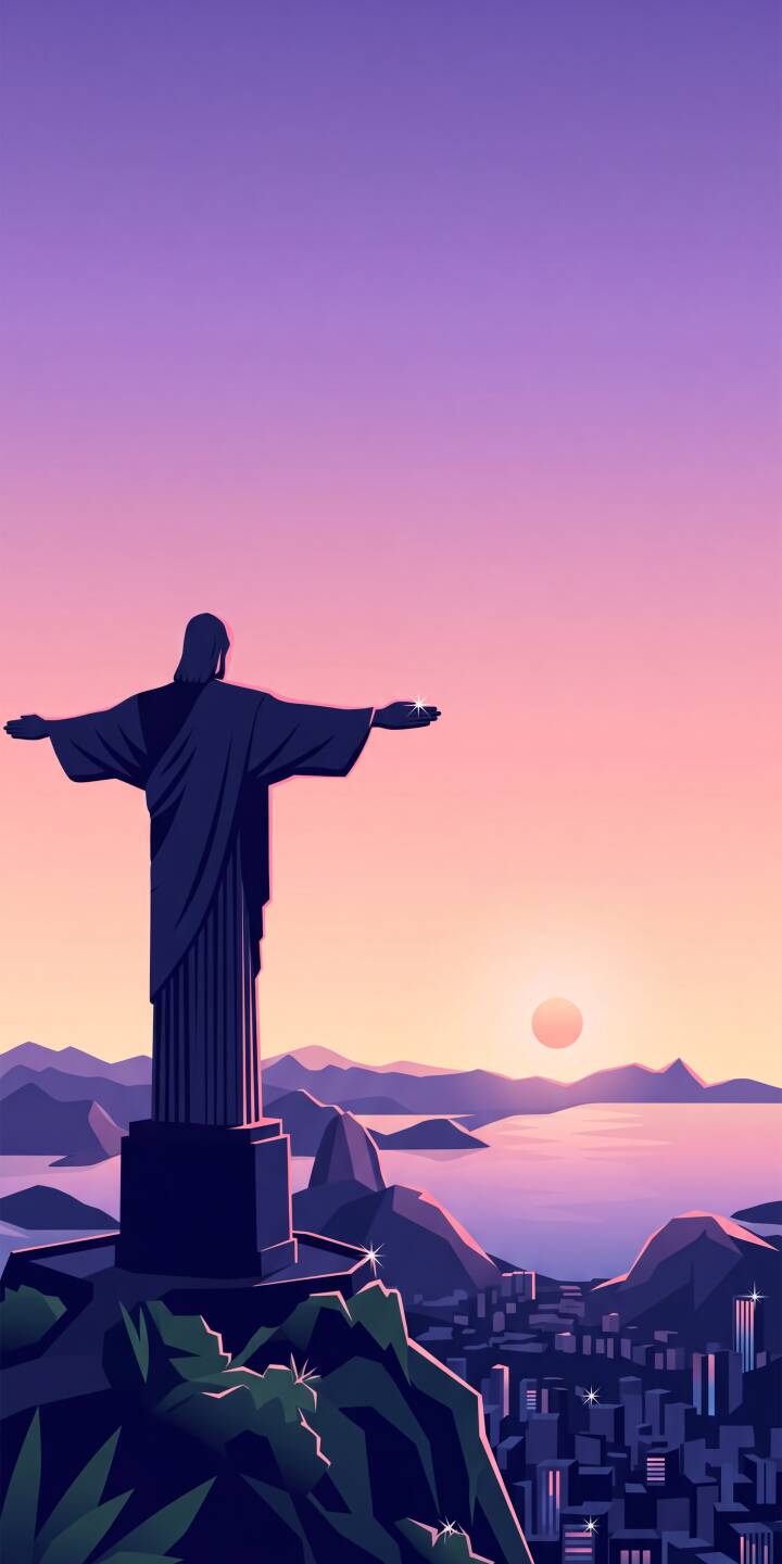 A breathtaking purple and pink gradient sky frames the iconic Christ the Redeemer statue with outstretched arms, overseeing the panoramic Rio de Janeiro cityscape and bay in this stunning 4K wallpaper. This minimalist, dreamlike wallpaper captures a serene moment, perfect for your iPhone background. | sunset purple statue iphone minimalist wallpaper brazil mobile 4k wallpaper hd wallpaper christ the redeemer rio de janeiro A breathtaking purple and pink gradient sky frames the iconic Christ the Redeemer statue with outstretched arms, overseeing the panoramic Rio de Janeiro cityscape and bay in this stunning 4K wallpaper. This minimalist, dreamlike wallpaper captures a serene moment, perfect for your iPhone background.