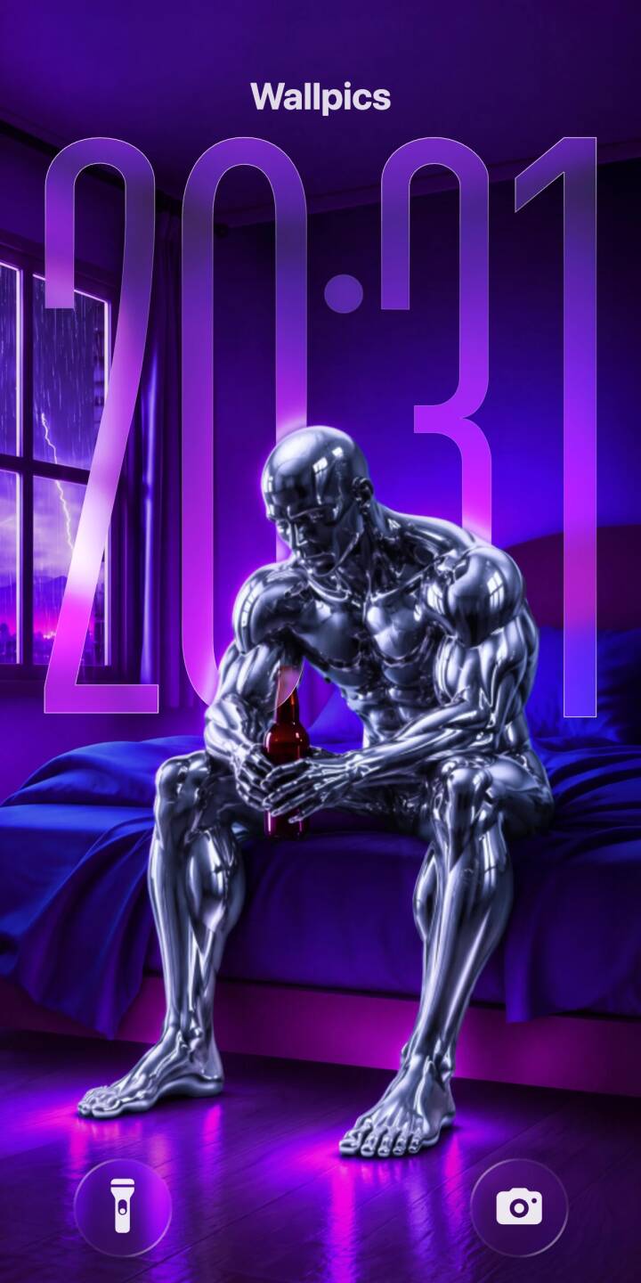 Deep purple hues bathe a highly reflective chrome robot, sitting contemplatively on a bed and clutching a bottle, while lightning flashes outside a window in this striking 4K wallpaper. This melancholic cybernetic scene makes a compelling wallpaper for any iPhone user. | lightning purple storm iphone wallpaper mobile cyborg moody 4k wallpaper hd wallpaper sci-fi chrome robot Deep purple hues bathe a highly reflective chrome robot, sitting contemplatively on a bed and clutching a bottle, while lightning flashes outside a window in this striking 4K wallpaper. This melancholic cybernetic scene makes a compelling wallpaper for any iPhone user.