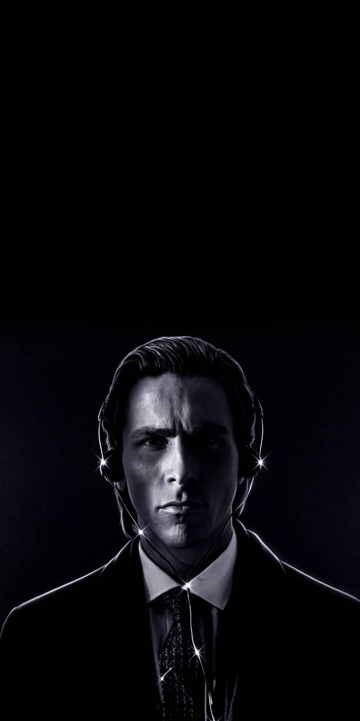A dramatic black and white contrast highlights Patrick Bateman's intense gaze and sharp suit, with glowing earphone wires creating a mesmerizing pattern in this striking 4K wallpaper. This compelling wallpaper is a perfect fit for any iPhone seeking a touch of enigmatic sophistication. | suit iphone american psycho minimalist wallpaper christian bale patrick bateman mobile 4k wallpaper hd wallpaper dark aesthetic A dramatic black and white contrast highlights Patrick Bateman's intense gaze and sharp suit, with glowing earphone wires creating a mesmerizing pattern in this striking 4K wallpaper. This compelling wallpaper is a perfect fit for any iPhone seeking a touch of enigmatic sophistication.