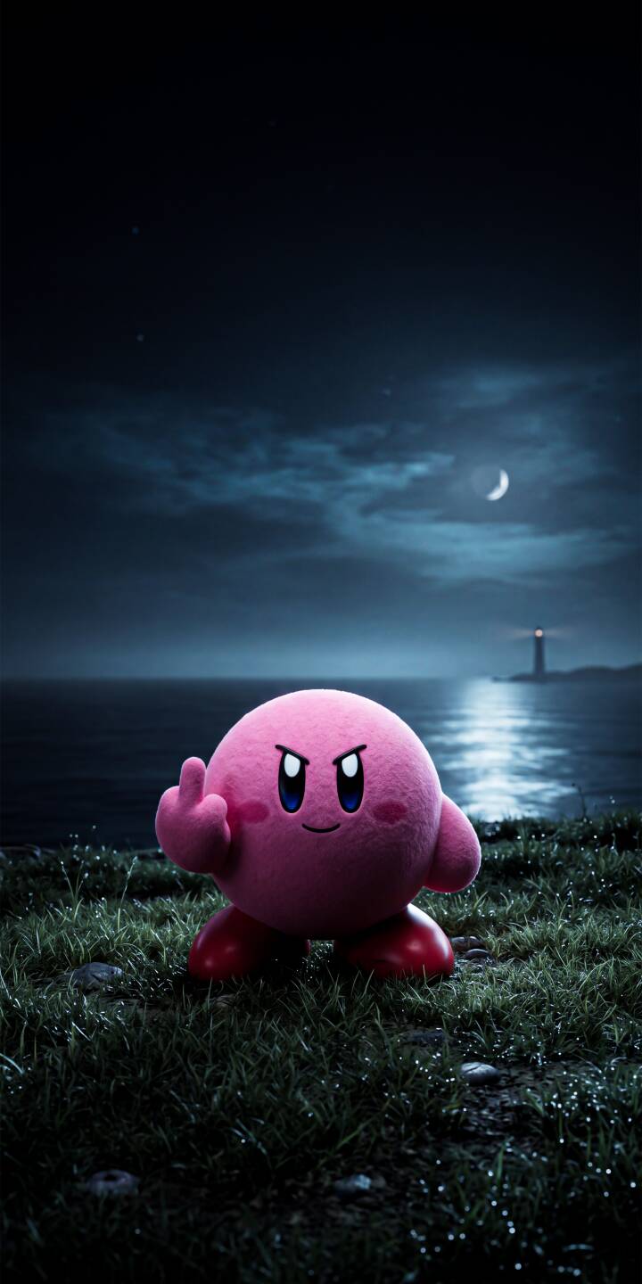 Kirby's unexpectedly defiant middle finger gesture takes center stage in this striking 4K wallpaper. Set against a beautifully rendered moonlit ocean and distant lighthouse, this bold wallpaper is a must-have for your iPhone. | meme dark nintendo iphone wallpaper mobile kirby 4k wallpaper hd wallpaper moonlit defiant 3d art Kirby's unexpectedly defiant middle finger gesture takes center stage in this striking 4K wallpaper. Set against a beautifully rendered moonlit ocean and distant lighthouse, this bold wallpaper is a must-have for your iPhone.