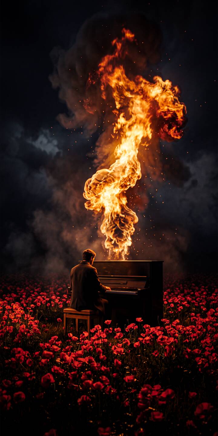 An intense column of orange and yellow fire erupts dramatically from behind a lone piano, silhouetting the player against a dark, cloudy sky in this breathtaking 4K wallpaper. This dramatic and surreal scene, set within a vast field of vibrant red poppies, makes for a captivating artistic wallpaper perfect for your iPhone. | music fire iphone wallpaper mobile 4k wallpaper hd wallpaper surreal poppies dark art dramatic piano An intense column of orange and yellow fire erupts dramatically from behind a lone piano, silhouetting the player against a dark, cloudy sky in this breathtaking 4K wallpaper. This dramatic and surreal scene, set within a vast field of vibrant red poppies, makes for a captivating artistic wallpaper perfect for your iPhone.