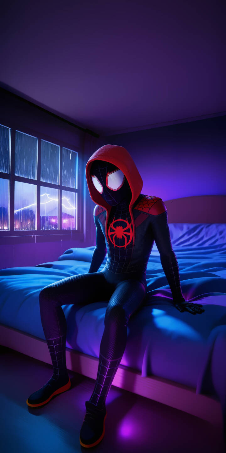 Cool purple and blue neon lights cast a contemplative glow over Miles Morales, who sits with his red hoodie up on a bed while rain streaks down the window in this striking 4K wallpaper. This atmospheric scene makes a perfect iPhone wallpaper for fans of the heroic Spider-Man. | aesthetic dark neon marvel spiderman iphone wallpaper miles morales mobile 4k wallpaper hd wallpaper spider-man Cool purple and blue neon lights cast a contemplative glow over Miles Morales, who sits with his red hoodie up on a bed while rain streaks down the window in this striking 4K wallpaper. This atmospheric scene makes a perfect iPhone wallpaper for fans of the heroic Spider-Man.