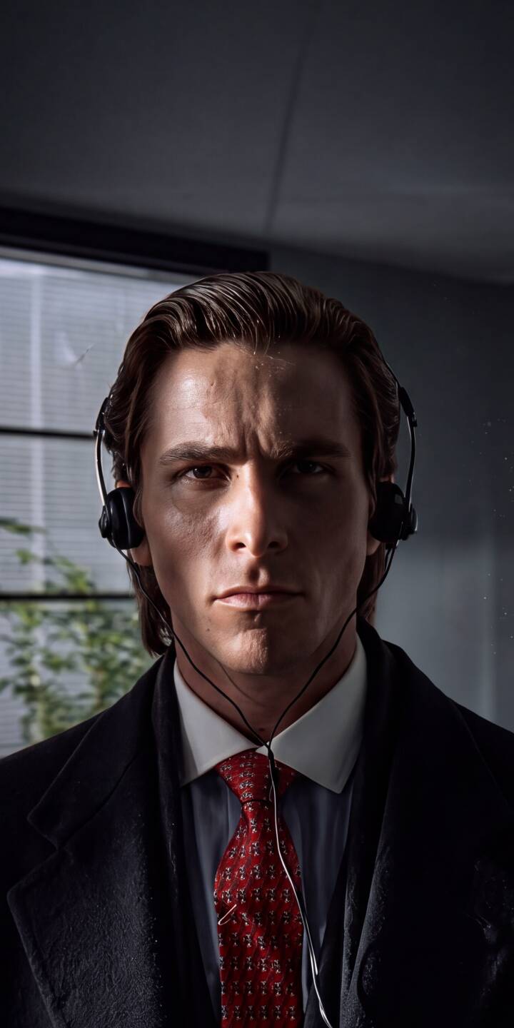 Deep shadows carve a stark line across Patrick Bateman's intensely focused face as he stares directly forward, wearing classic headphones and a distinct red patterned tie, making this a powerful 4K wallpaper. This captivating business-themed wallpaper is perfect for any iPhone. | iphone american psycho wallpaper christian bale patrick bateman mobile headphones 4k wallpaper hd wallpaper dark aesthetic businessman movie character Deep shadows carve a stark line across Patrick Bateman's intensely focused face as he stares directly forward, wearing classic headphones and a distinct red patterned tie, making this a powerful 4K wallpaper. This captivating business-themed wallpaper is perfect for any iPhone.
