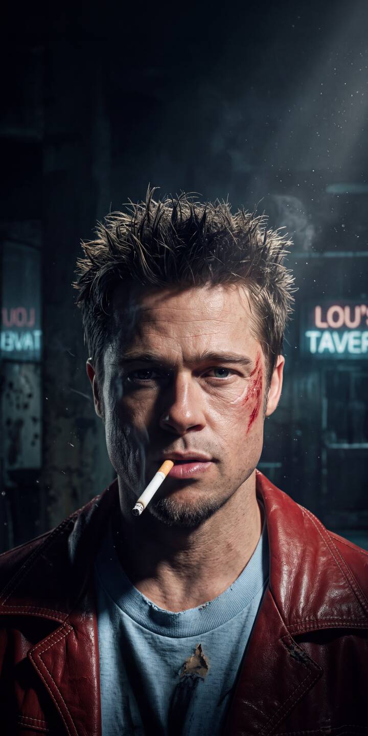 A lit cigarette dangles from Brad Pitt's lips, his gaze intense and marked by a raw facial scar, in this gritty 4K wallpaper. This iconic character in his red leather jacket offers a striking wallpaper for iPhone, set against a dimly lit bar background. | cigarette iphone fight club wallpaper tyler durden brad pitt red jacket mobile 4k wallpaper hd wallpaper gritty movie wallpaper A lit cigarette dangles from Brad Pitt's lips, his gaze intense and marked by a raw facial scar, in this gritty 4K wallpaper. This iconic character in his red leather jacket offers a striking wallpaper for iPhone, set against a dimly lit bar background.