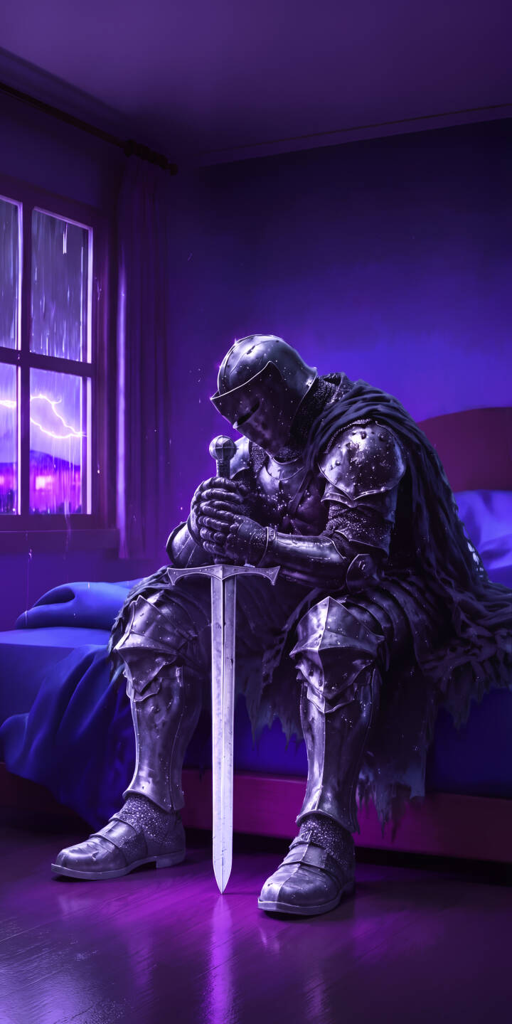 The armored knight bows in a contemplative prayer pose, gripping his greatsword tightly as purple lightning illuminates the stormy night outside in this epic 4K wallpaper, perfect for iPhone users seeking a powerful wallpaper. | purple prayer storm knight iphone wallpaper mobile 4k wallpaper hd wallpaper medieval warrior dark fantasy fantasy armor The armored knight bows in a contemplative prayer pose, gripping his greatsword tightly as purple lightning illuminates the stormy night outside in this epic 4K wallpaper, perfect for iPhone users seeking a powerful wallpaper.