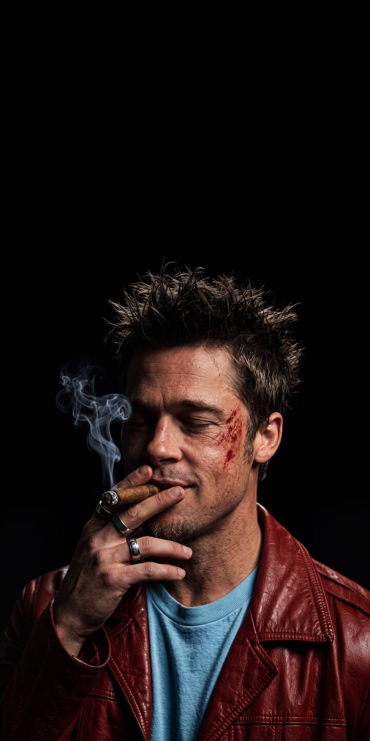 Swirling smoke rises from the cigar held by Brad Pitt's iconic Tyler Durden, who sports a red leather jacket and an enigmatic expression in this striking 4K wallpaper. This essential Fight Club wallpaper, featuring a visible scar on his cheek, is perfect for any iPhone. | movie cigar iphone fight club wallpaper tyler durden brad pitt red jacket mobile 4k wallpaper hd wallpaper cult classic Swirling smoke rises from the cigar held by Brad Pitt's iconic Tyler Durden, who sports a red leather jacket and an enigmatic expression in this striking 4K wallpaper. This essential Fight Club wallpaper, featuring a visible scar on his cheek, is perfect for any iPhone.