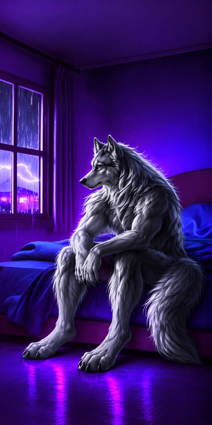Against a backdrop of vibrant purple, a muscled werewolf sits contemplatively on a bed, gazing out at a window where lightning flashes during a stormy night, making this an ideal 4K wallpaper for iPhone users seeking a unique and atmospheric screen. | lightning purple storm iphone fantasy wallpaper mobile werewolf moody 4k wallpaper hd wallpaper lycan Against a backdrop of vibrant purple, a muscled werewolf sits contemplatively on a bed, gazing out at a window where lightning flashes during a stormy night, making this an ideal 4K wallpaper for iPhone users seeking a unique and atmospheric screen.