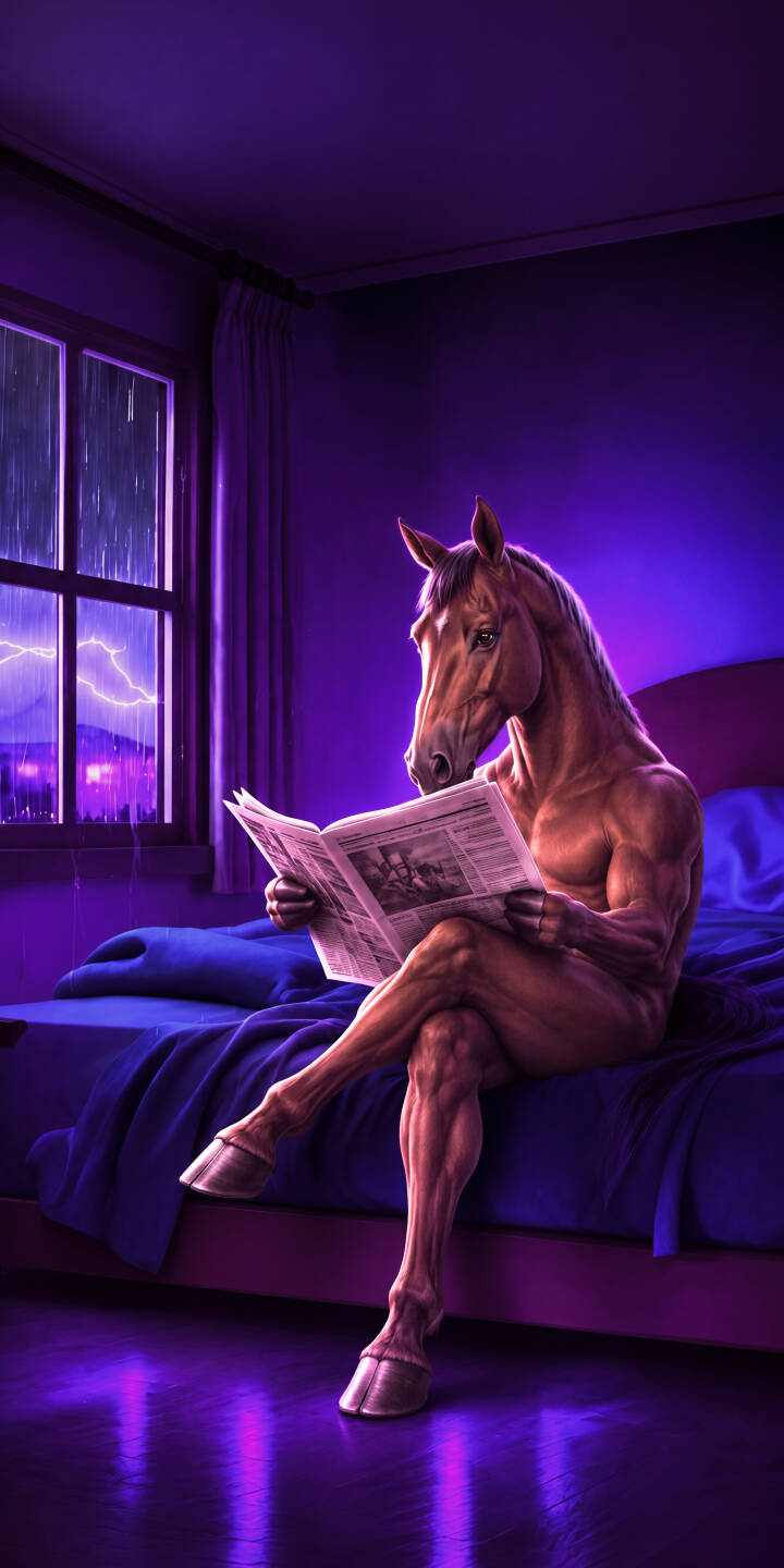 A muscled horse-human hybrid calmly reads a newspaper on a bed as purple neon reflections illuminate the dark room and lightning flashes outside in this surreal 4K wallpaper. This captivating scene makes a fantastic iPhone wallpaper, offering a unique blend of fantasy and everyday life. | purple neon horse iphone fantasy wallpaper reading mobile 4k wallpaper hd wallpaper surreal centaur A muscled horse-human hybrid calmly reads a newspaper on a bed as purple neon reflections illuminate the dark room and lightning flashes outside in this surreal 4K wallpaper. This captivating scene makes a fantastic iPhone wallpaper, offering a unique blend of fantasy and everyday life.