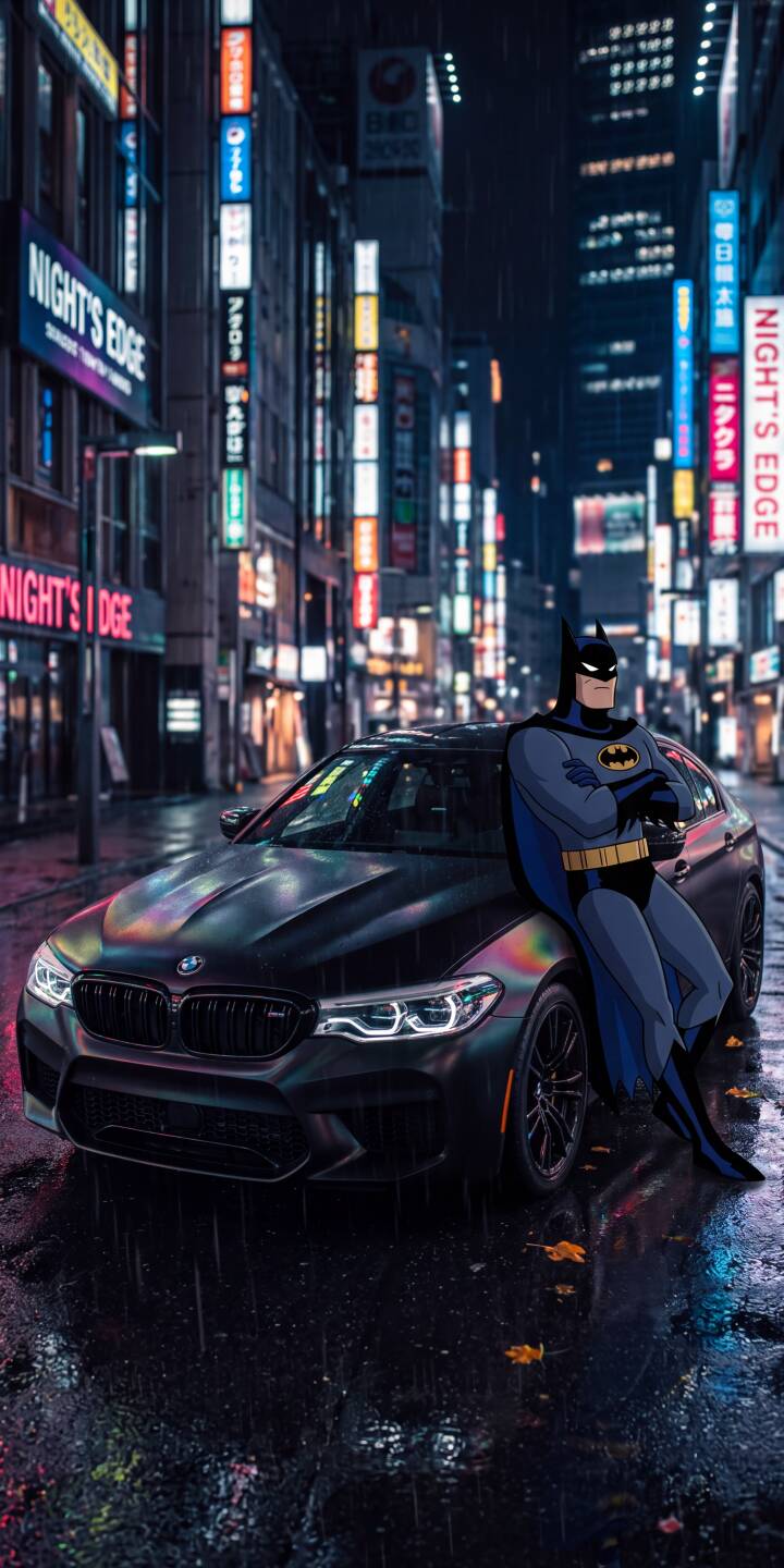 Vibrant neon reflections shimmer across the wet asphalt as Batman leans against a sleek black BMW in this atmospheric 4K wallpaper. This dynamic scene makes for a must-have iPhone wallpaper for fans of the Caped Crusader. | neon batman animated iphone bmw wallpaper dark knight mobile 4k wallpaper hd wallpaper rainy city dc comics Vibrant neon reflections shimmer across the wet asphalt as Batman leans against a sleek black BMW in this atmospheric 4K wallpaper. This dynamic scene makes for a must-have iPhone wallpaper for fans of the Caped Crusader.