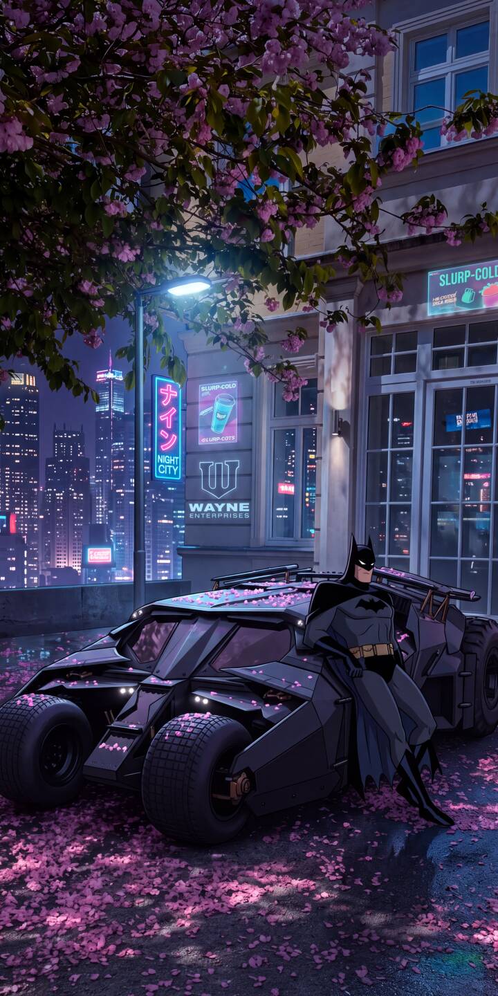 Pink cherry blossom petals gently blanket the formidable Batmobile, as Batman strikes a cool, vigilant pose amidst the vibrant glow of neon signs and a futuristic cityscape in this stunning 4K wallpaper. This atmospheric, unique wallpaper is perfect for personalizing your iPhone. | aesthetic cherry blossom batman iphone cyberpunk wallpaper dark knight mobile 4k wallpaper hd wallpaper neon city batmobile Pink cherry blossom petals gently blanket the formidable Batmobile, as Batman strikes a cool, vigilant pose amidst the vibrant glow of neon signs and a futuristic cityscape in this stunning 4K wallpaper. This atmospheric, unique wallpaper is perfect for personalizing your iPhone.