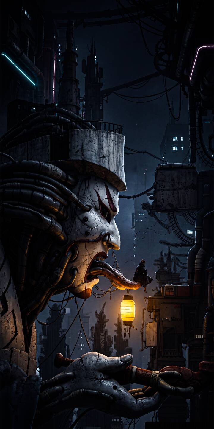 Crimson markings slash across the cracked, colossal cyberpunk mask face, dominating a dark, wire-laced dystopian city in this striking 4K wallpaper. Its elongated tongue delicately holds a vibrant, glowing yellow lantern, making it a captivating iPhone wallpaper. | iphone wallpaper mobile 4k wallpaper hd wallpaper lantern sci-fi dystopian oni mask dark city cyberpunk mask Crimson markings slash across the cracked, colossal cyberpunk mask face, dominating a dark, wire-laced dystopian city in this striking 4K wallpaper. Its elongated tongue delicately holds a vibrant, glowing yellow lantern, making it a captivating iPhone wallpaper.